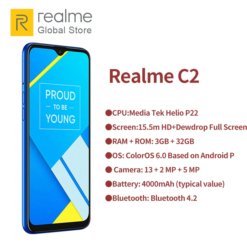 Глобальная версия OPPO realme C2 3 ГБ ОЗУ 32 Гб ПЗУ MediaTek Helio P22 полноэкранный массивный 4000