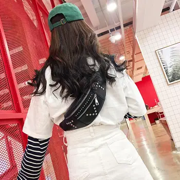 

Women Chest Shoulder Bag Rivet Splicing PU Leather Waist Pack Ladies Double Layer Zipper Bag for Vacation and Travel