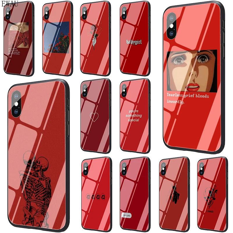 

EWAU Red Doodles Aesthetics Tempered Glass phone case for iphone 5 5s SE 6 6s 7 8 Plus X XR XS 11 pro Max