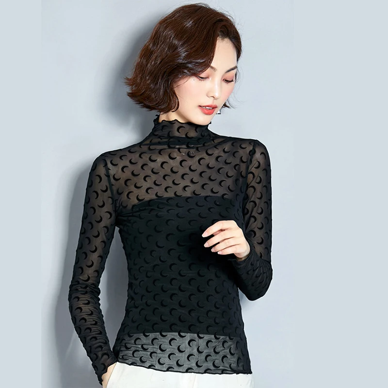 Spring Women's Fashion Blouses New Long Sleeve Bottoming Shirt Moon Turtleneck Mesh View Camisa Top Casual Thin Shirts | Женская