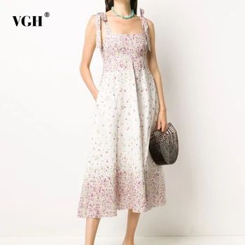 

VGH Casual Print Dresses Female Square Collar Sleeveless Spaghetti Strap High Waist Hit Color Lace Up Bownot Summer Dress Women