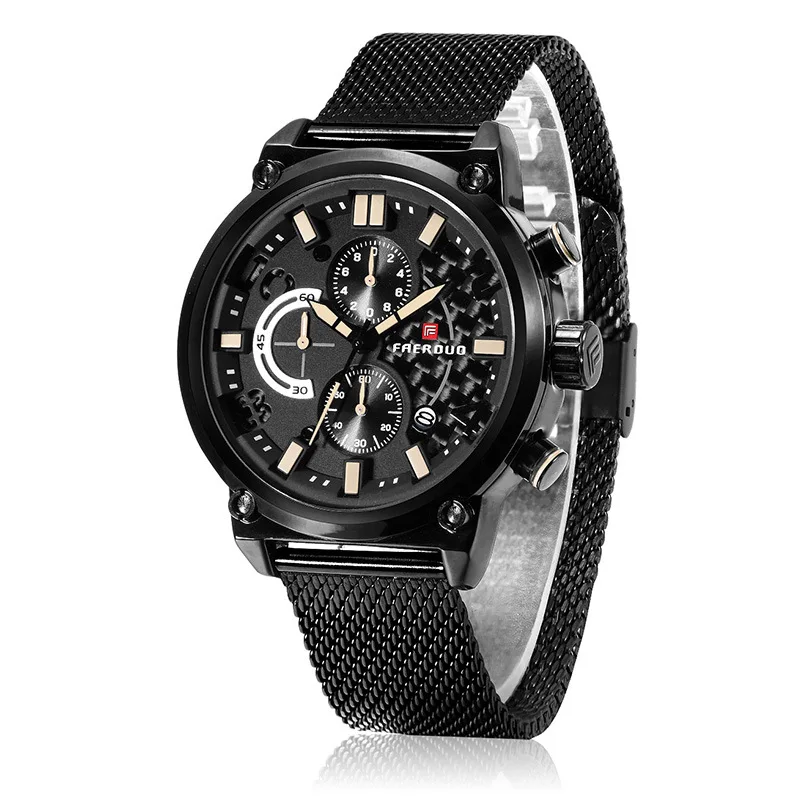 

Frduo New Style Hot Sales Men Watch Band Calendar True Eye Six-pin Grid Table Steel Belt Watch