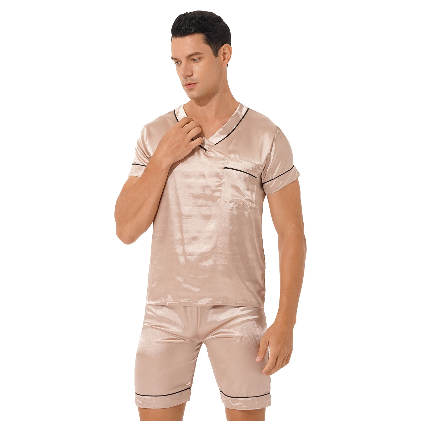 cotton pyjama set New Men Satin Pajama Set Satin Lounge Home Wear Man Plus Size Sleepwear Nightwear V Neck Short Sleeve Shirt Pyjama Mujer Shorts cotton loungewear