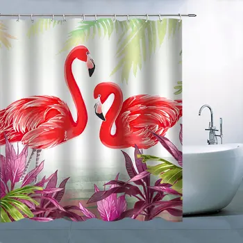 

Flamingo Shower Curtain, Flamingos Sitting on Macro Tropic Exotic Leaves Graphic in Retro Style Artwork, Fabric Bathroom Decor