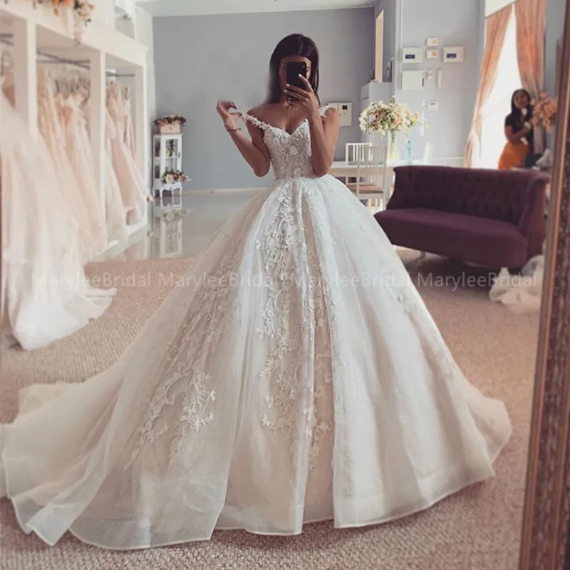

Ball Gown Bride Dresses Princess V-neck Wedding Dresses Spaghetti Straps Champagne Appliques Dress For Mariage Vestido De Novia