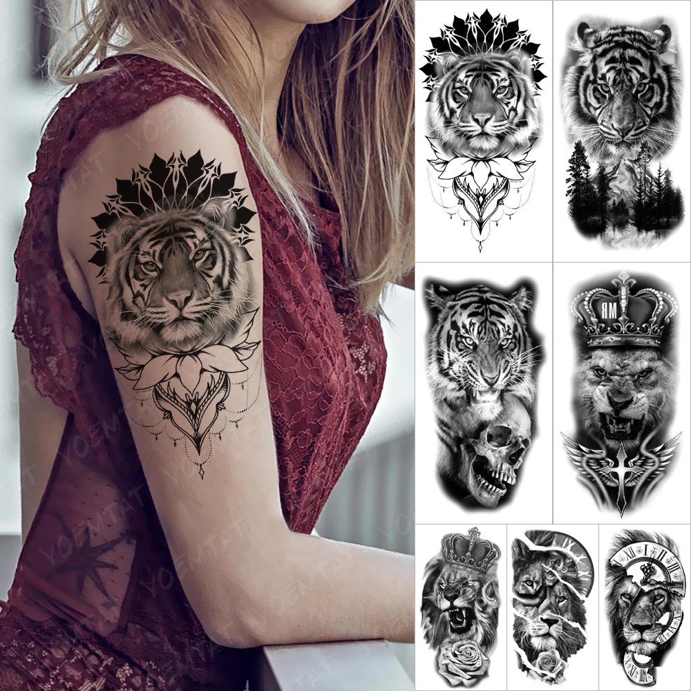 Waterproof Temporary Sleeve Arm Tatooo Sticker Tiger Lotus Flower Chains  Pattern Wolf Tattoo Body Art Fake Tatoo Man Girl Black|Temporary Tattoos| -  AliExpress