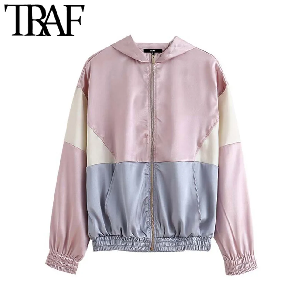 

TRAF Women Vintage Stylish Patchwork Loose Hooded Jacket Coat Fashion Long Sleeve Pockets Outerwear Chic Tops Chaqueta Mujer
