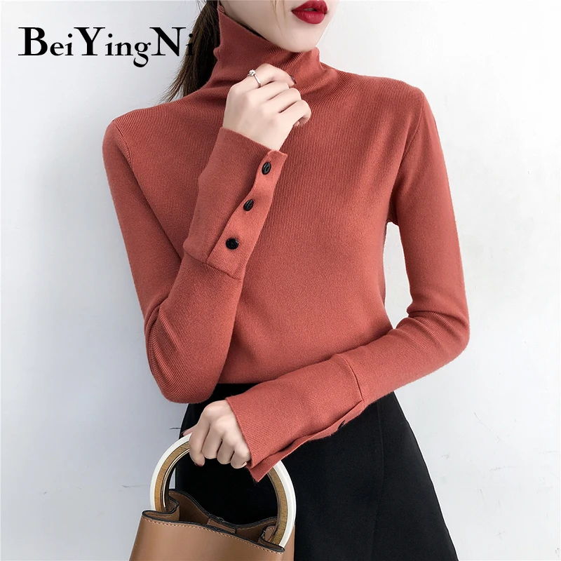 

Beiyingni Sweater Women Spring Autumn Solid Elegant Turtleneck Female Knit Vintage Button Basic Lady Pullover Hiver Truien Dames