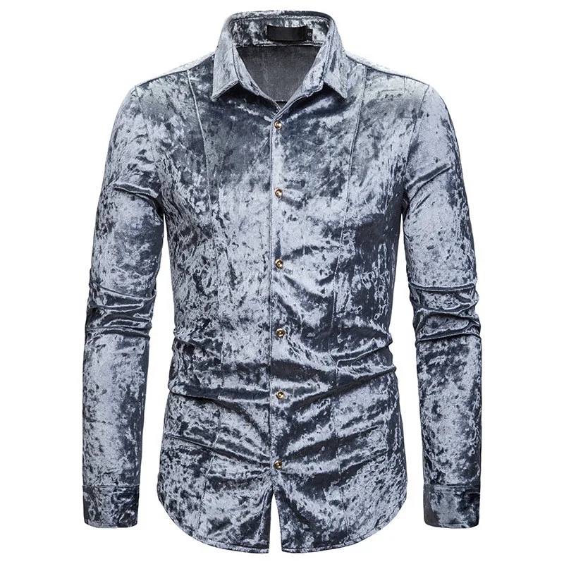 HuLooXuJi/осенне-зимние мужские велюровые рубашки с отворотами; винтажные однотонные Дизайнерские блузы с длинными рукавами; размеры США: S-2XL - Цвет: Серый