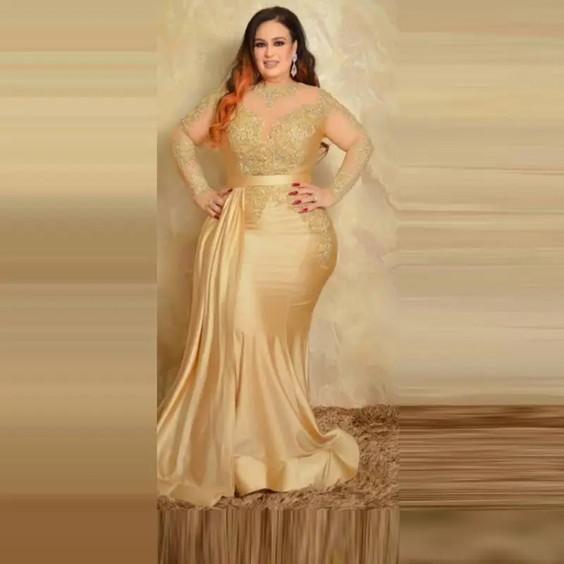2022 Sexy Plus Size Formal Evening Dresses Elegant Sheer Long Sleeves Gold  Lace High Neck Prom Party Gown Vestidos Longo - Evening Dresses - AliExpress
