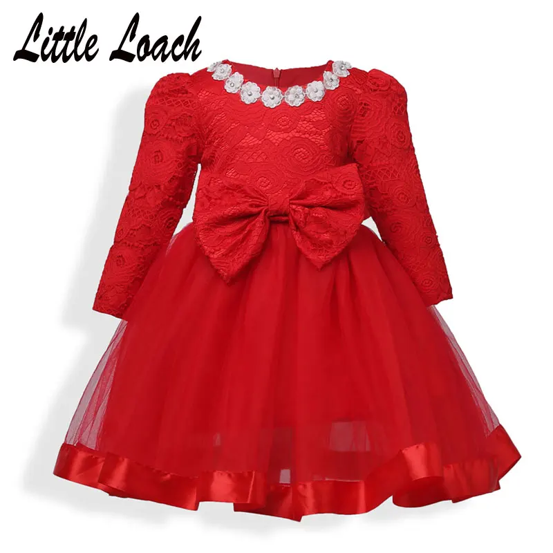 Детское Красное Кружевное платье для девочек с длинными рукавами-буфами и аппликацией классические праздничные новогодние костюмы для детей возрастом от 2 до 10 лет, весна, Vestido Nina