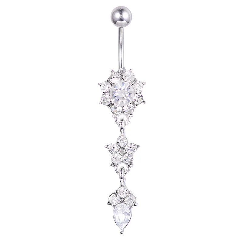 1PCs Sexy Belly Bars Belly Button Rings Belly Piercing Crystal Flower Body Jewelry Navel Piercing Rings Golden Body Accessories - Окраска металла: silver