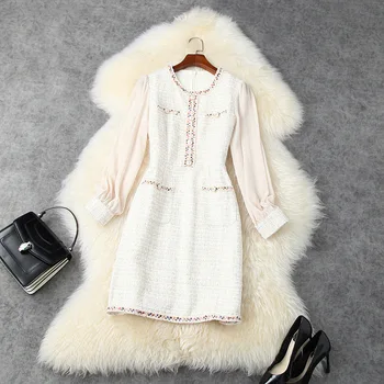

Ladies Dress Autumn Winter 2020 New Tweed Patchwork Round Neck Long Sleeved Slim A-Line Elegant Dress Above The Knees S-XL