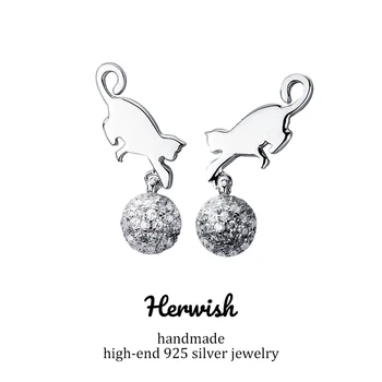 

Herwish Origin Design Kitty Play Ball 925 Sterling Silver Korean Earrings Cute Animal Cat Cubic Zirconia Drop Earrings Jewelry