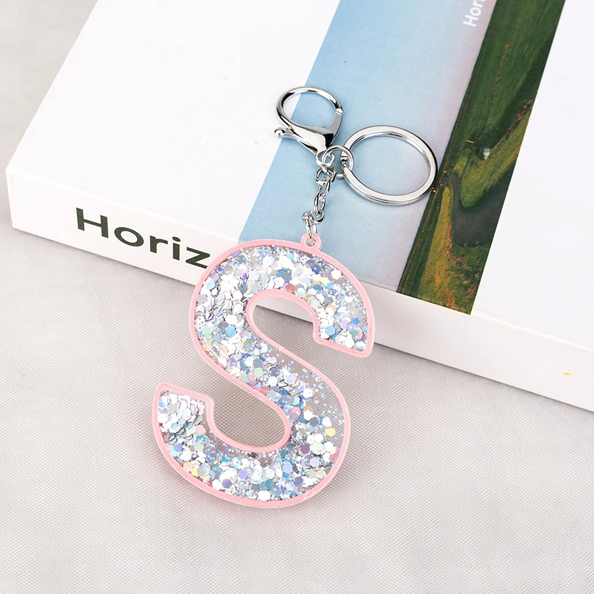 1PC Women Keychains Glitter Hollowed-Out Words Handbag English