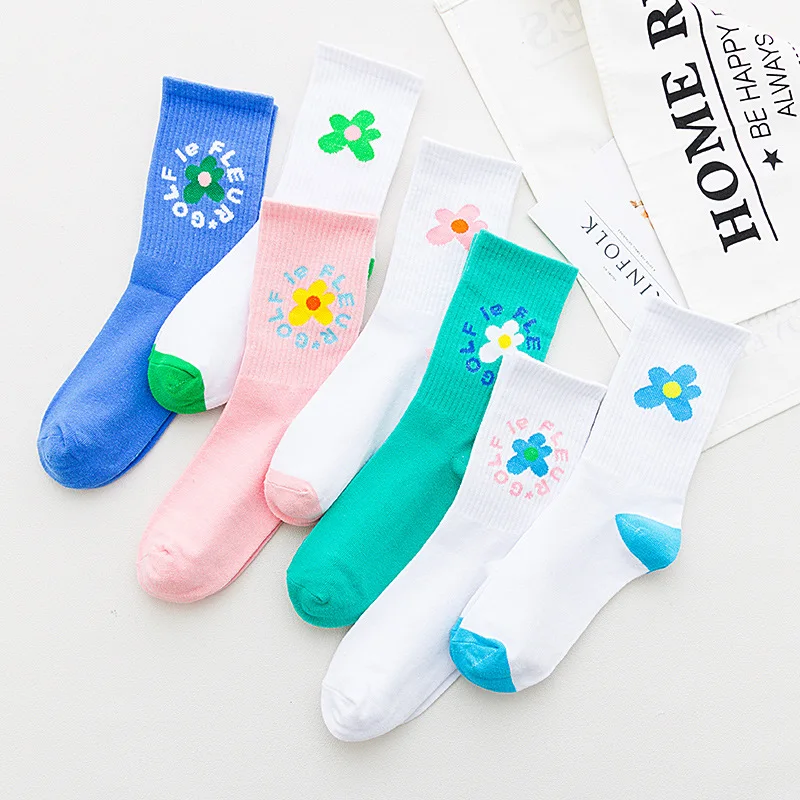 Женские носки средней длины с героями мультфильмов милые цветочным узором для