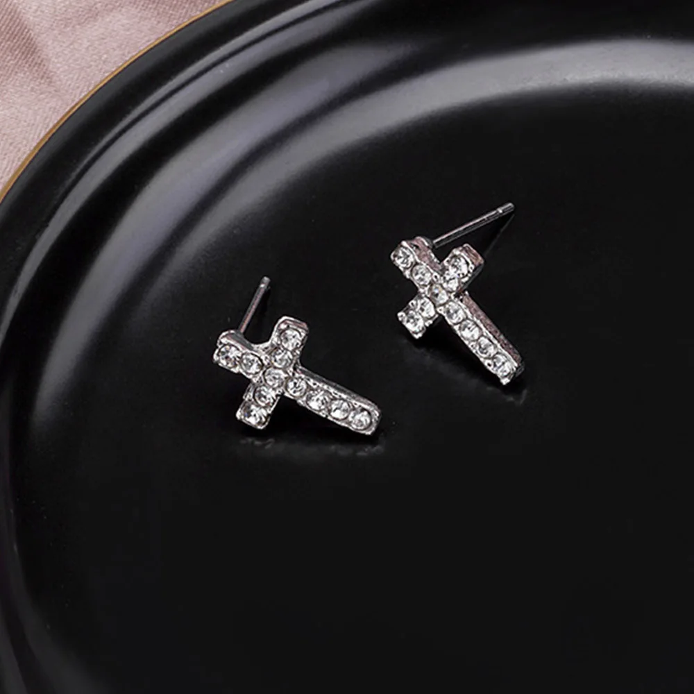 Simple Cute Small Geometric Crystal Cross Stud Earrings For