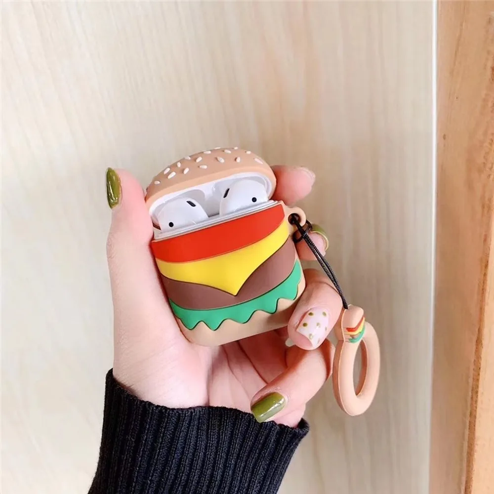 

Cute Cartoon Hamburger Earphone Case for Apple Airpods 2 Air Pods Eaphone Charging Box Case Soft Silicone Cover Coque with Ring