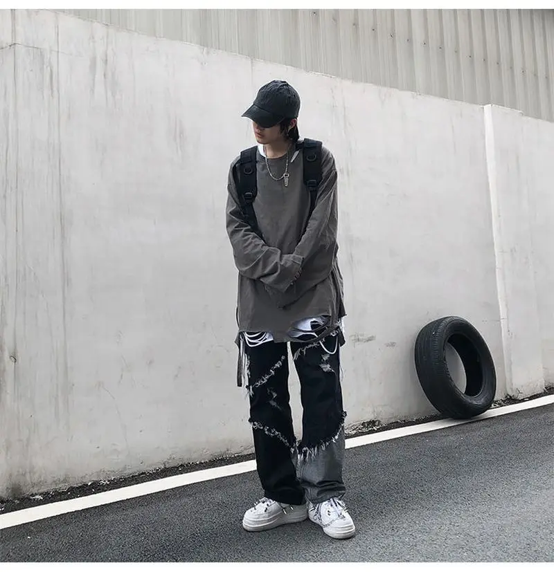 Korean New Fashion Tassel Contrast Jeans Trendy Cool High Street Harajuku Style Loose Raw Edge Jeans Men's Trendy