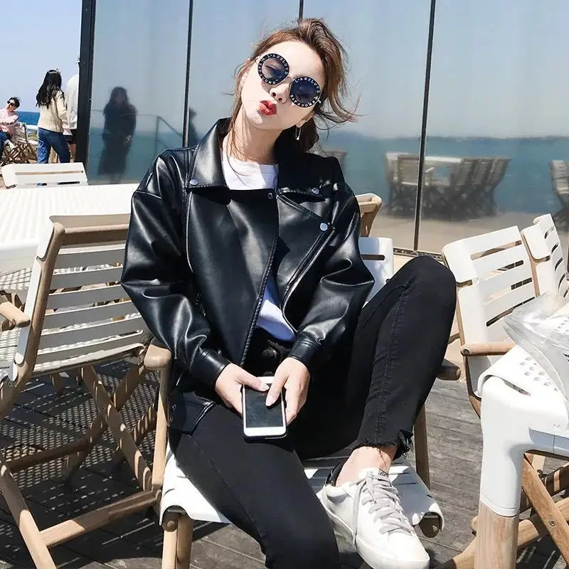 

Women Long Sleeve Loose PU Leather Jacket Fashion Autumn Women's Tops Cool Women's Black Elegant Women PU Leather Jacket Jacket