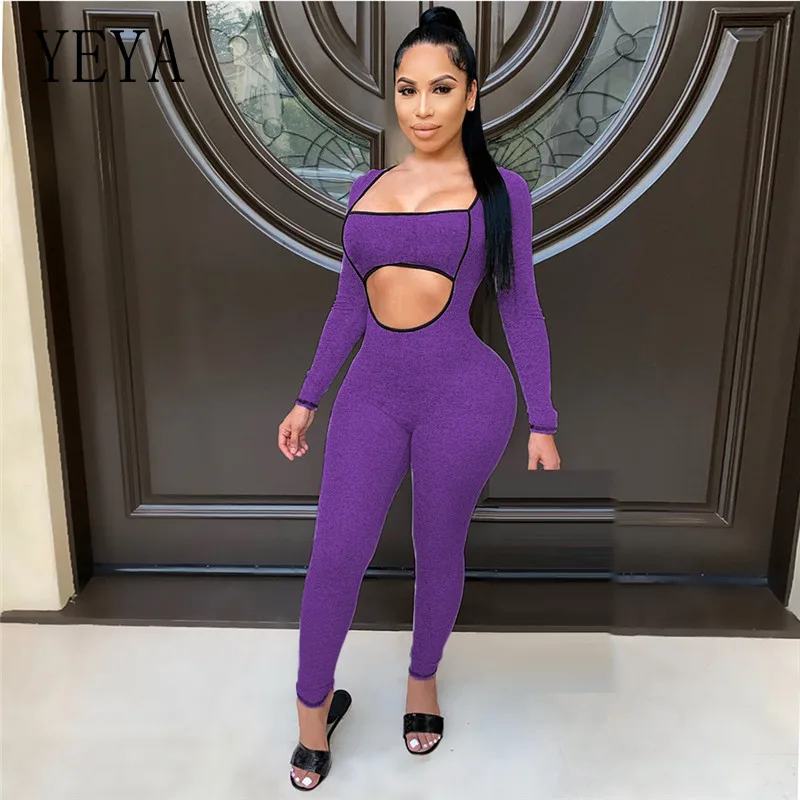 

YEYA Square Neck Romper Women Jumpsuit Autumn Long Sleeve Fitness Workout Activewear Bodycon Streetwear Sexy Cut Out Overalls