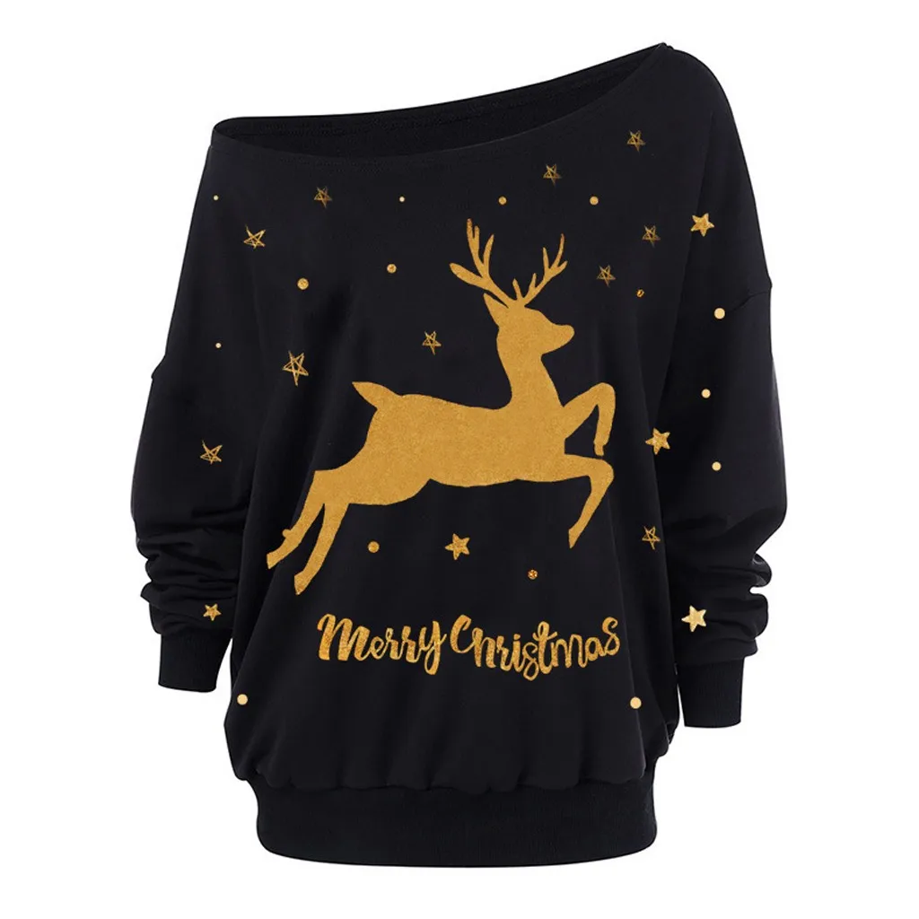 

Christmas Deer Print Women's Plus Size Blouse Fashion Slash Neck Loose Long Sleeve Off-Shoulder Sweatshirt рубашка женская 2019