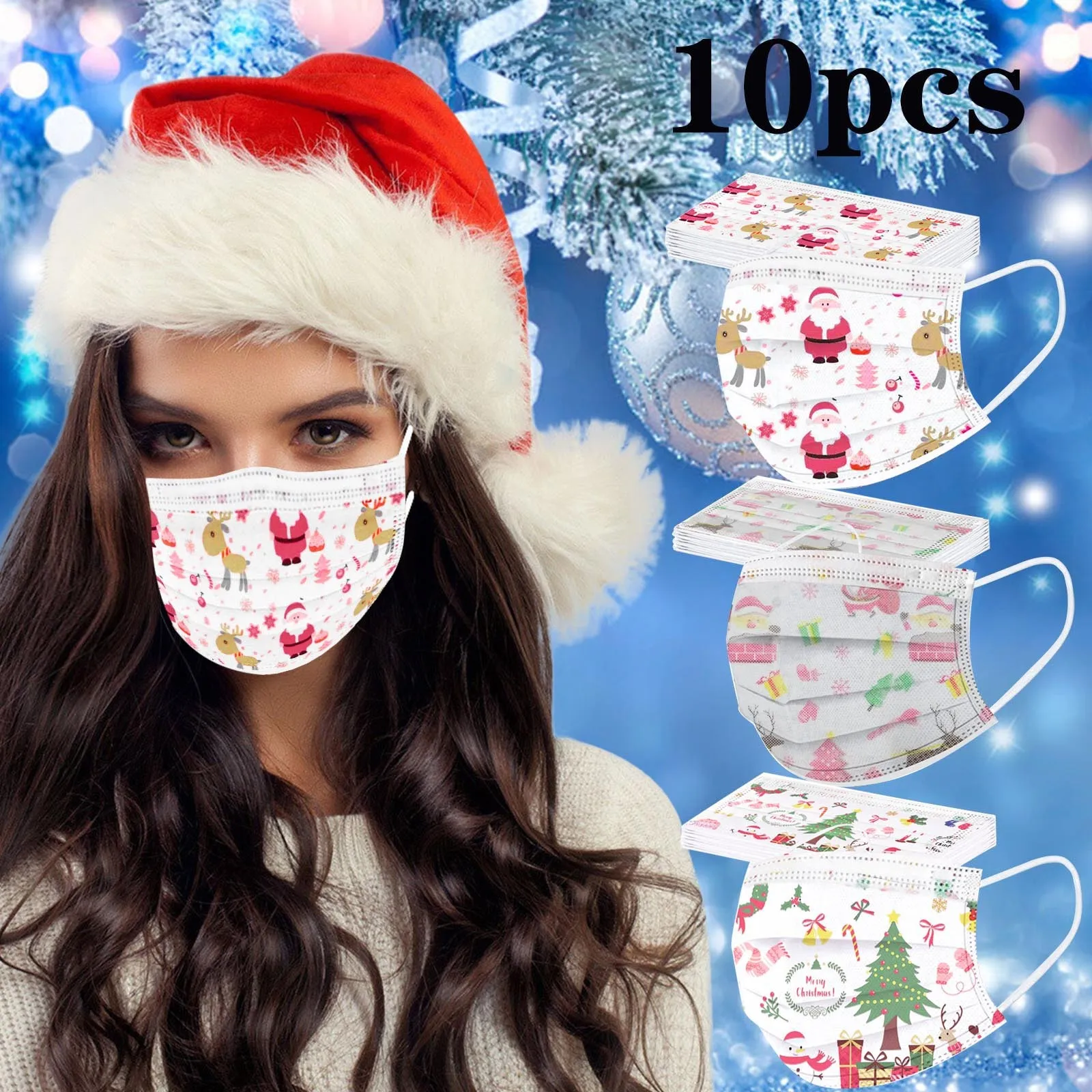 

10pc Adults Christmas Print Disposable Face Mask For Protection Headband 3 Layer Filter Outdoor Sports masque Fast Delivery