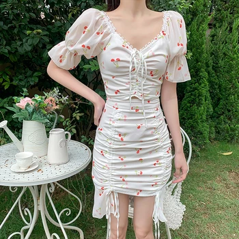 

Summer 2020 Fashion Women's Cherry Print Set Drawstring Short Sleeve V-Neck Floral Top + Sexy Bodycon Skirt Suits Two-piece Sets