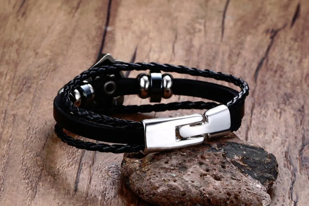 Mens Bracelets Braided Faux Leather & Skull Beaded Bracelet In Black Alloy Wristband Cuff Bangle Men Vintage Jewelry Accessories Pulseira Masculina 110