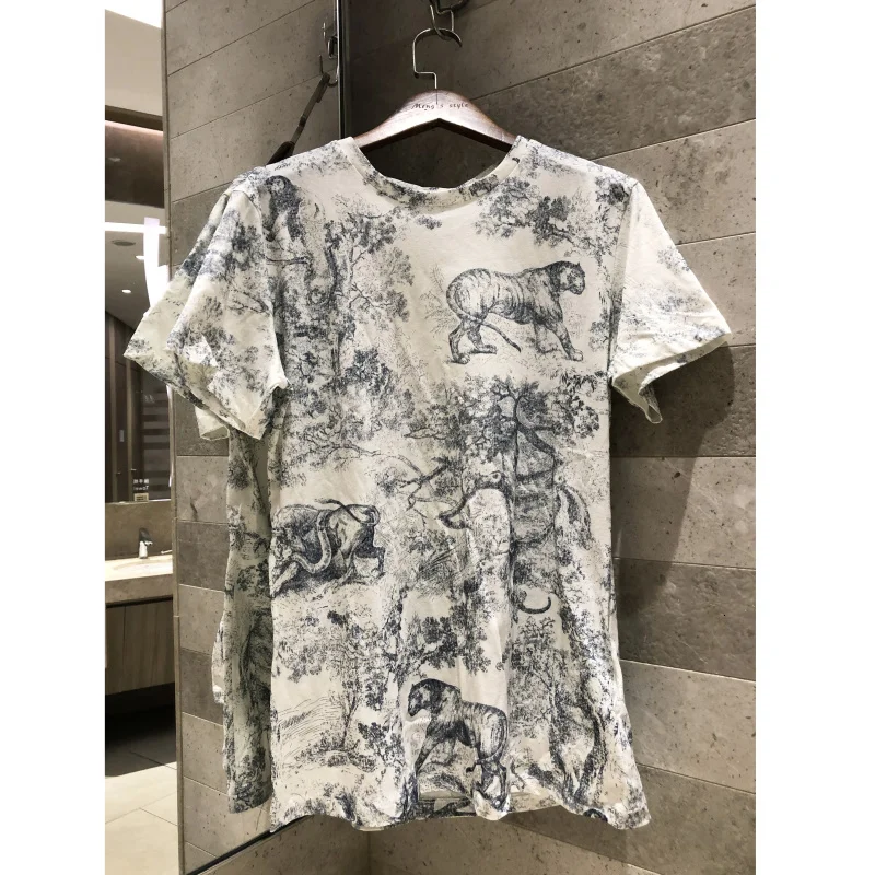 

Ink animal sketch printing cotton + linen short-sleeved T-shirt high-end women's quality 2019 spring and summer casual tops