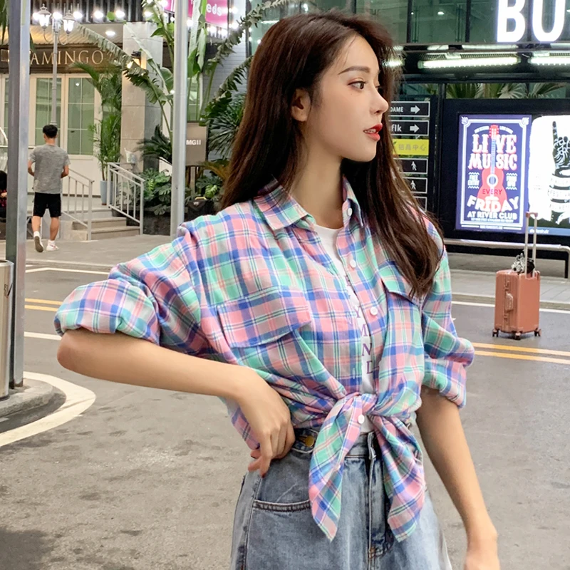 Новая Осенняя рубашка для женщин Harajuku клетчатые рубашки свободные рубашки с рукавами-фонариками хлопковые школьные рубашки для девочек женская розовая блузка