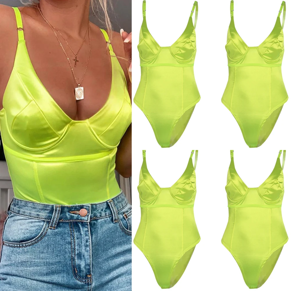 Women Sexy Sling Deep V Neck Sleeveless Bodysuit Stretch Leotard Body Suit Ladies Tops Leotard Skinny Jumpsuit Yellow Rose Red long sleeve bodysuit