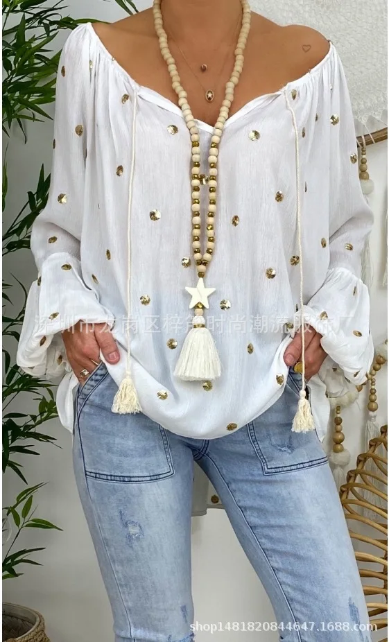 Large size loose women blouse 2020 summer bohemian top casual V-neck horn show strap sequined ladies shirt | Женская одежда