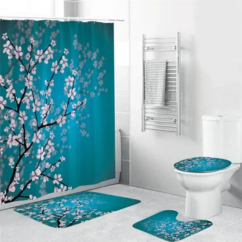 

Flowers Branches Shower Curtain with Rug Bathroom Screen Extra Long Waterproof Washable Polyester Fabric for Bathtub Decor