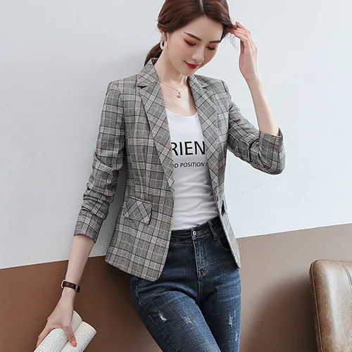 Beige Plaid Blazer Женский тонкий клетчатый Блейзер, куртки серого, коричневого, хаки, бежевого цвета, повседневные топы для девочек, новая осенне-зимняя куртка на одной пуговице, пальто размера плюс - Цвет: Beige Plaid Blazer