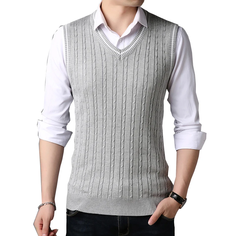 Light gray vest BROWON мужская одежда осень зима классический свитер с v-образным вырезом без рукавов свитер Мужская трикотажная одежда свитер жилет для мужчин - Цвет: Light gray vest