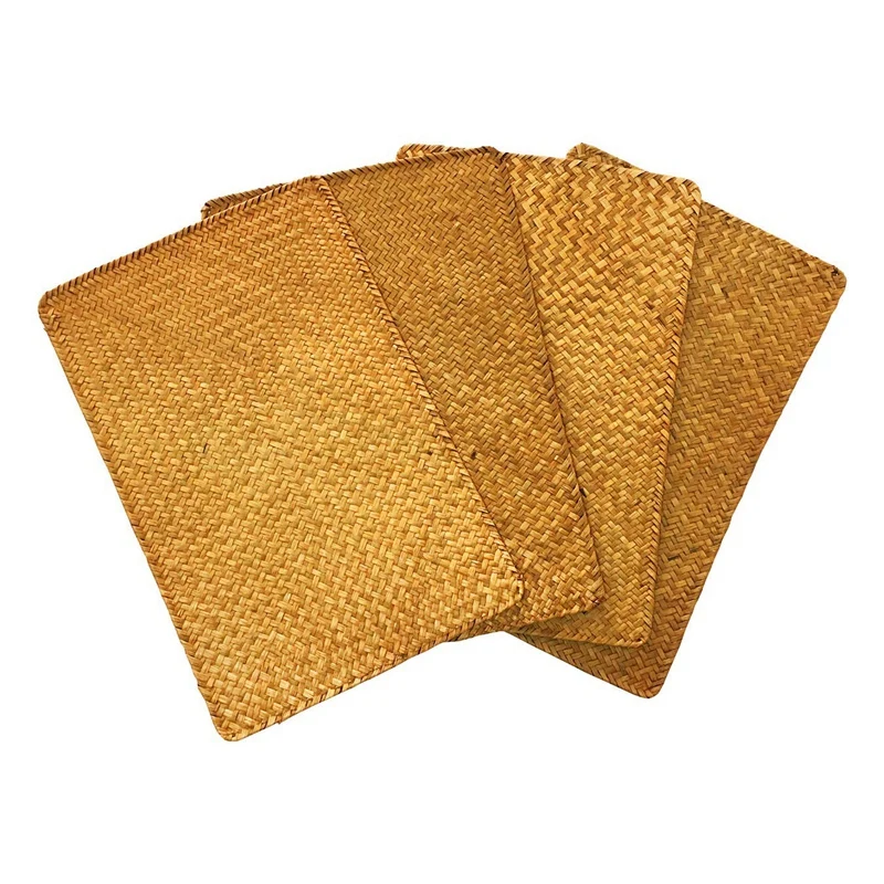 Pack of 4, Natural Seagrass Place MatHand-Woven Rectangular Rattan Placemats Straw Tea Cup Mat Potholder