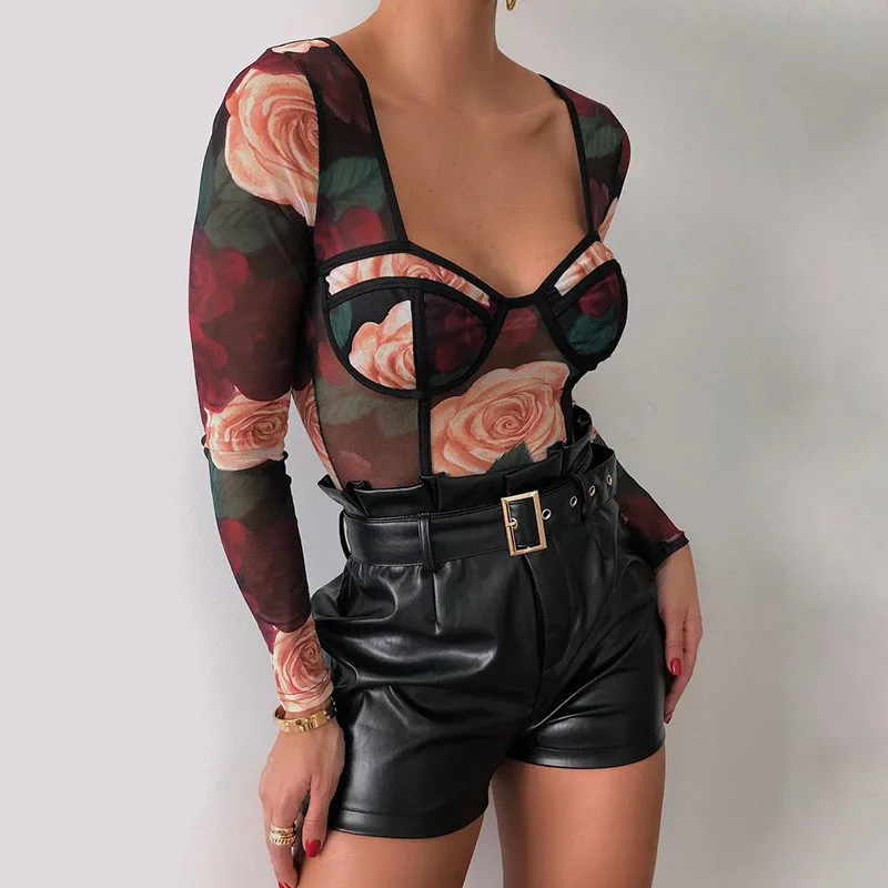 CNYISHE Fashion Floral Mesh Sheer Long Sleeve Bodysuits Women Rompers Party Sexy Slim Teddy One Piece Jumpsuit Female Overalls corset bodysuit