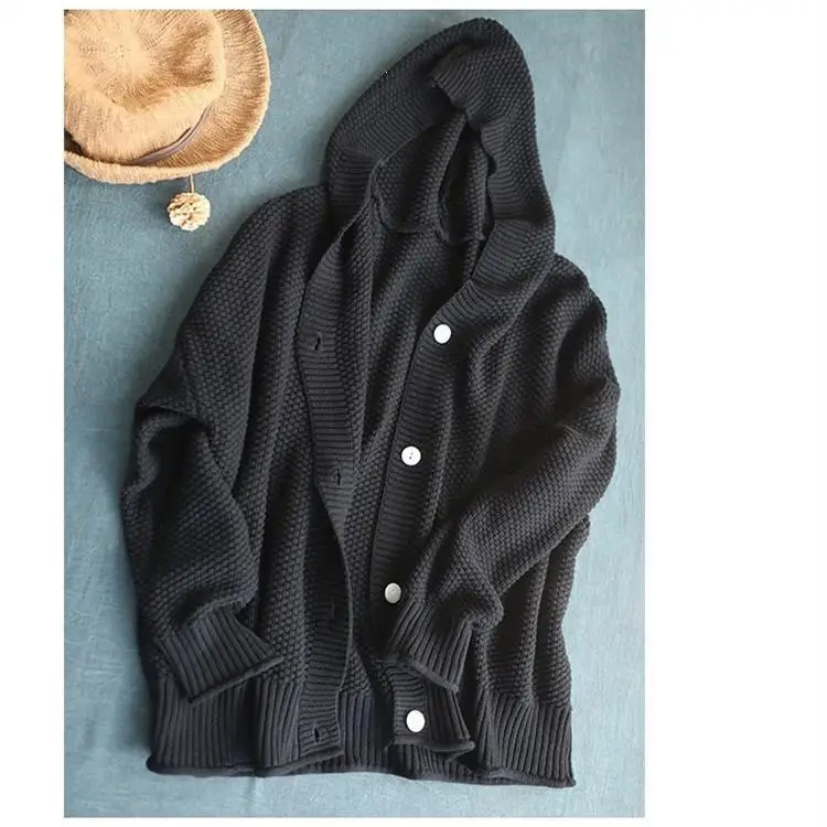 Women Sweater Hooded Sweater Casual Elegant Solid Single-Breasted Knitted Cardigan Button Loose Sweatet Coat