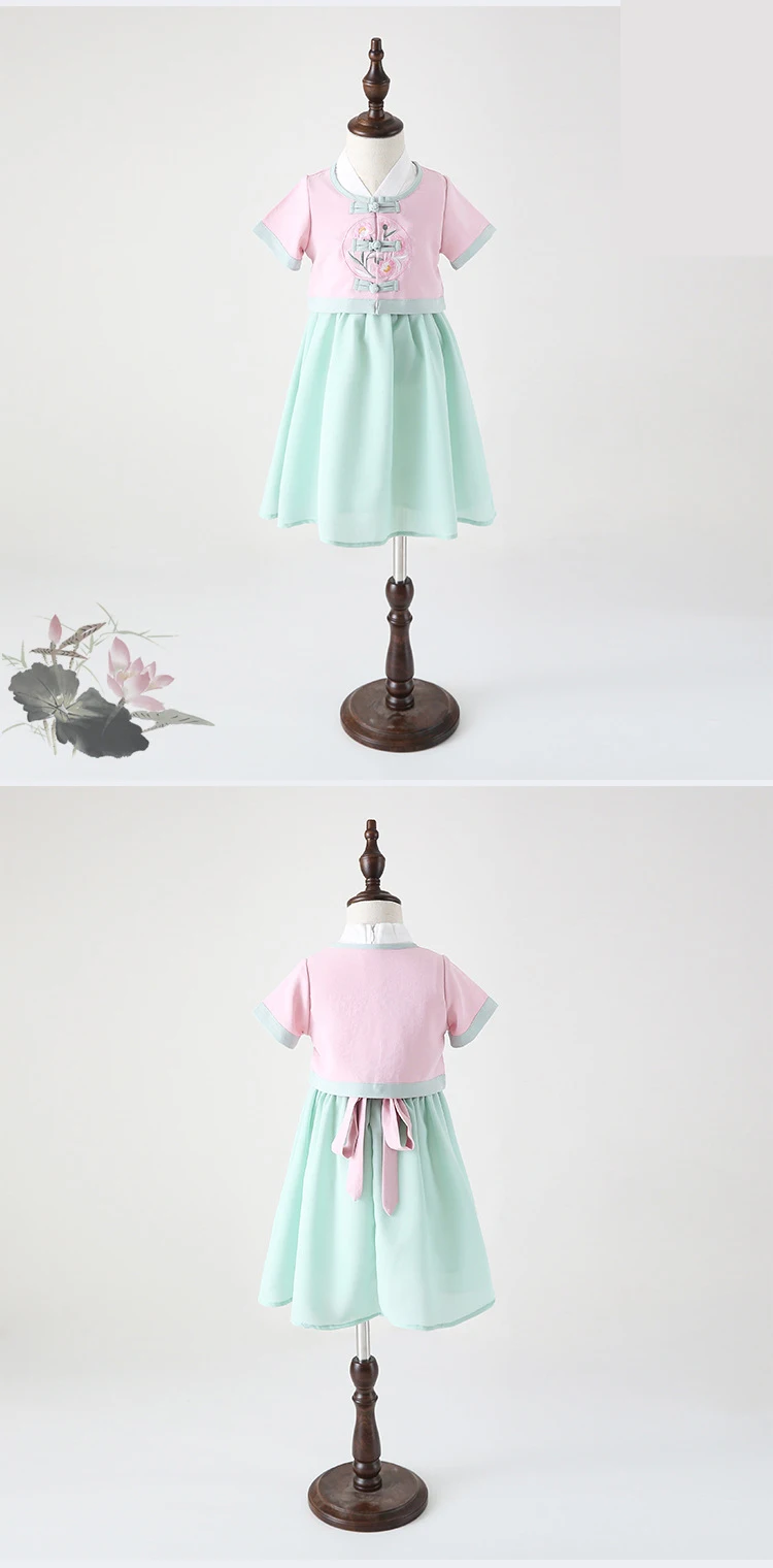 Костюмы для девочек; Hanfu платье для девочек; летний костюм для девочек; cheongsam Hanfu; платье без рукавов; комплект из двух предметов; этническое платье-ветровка для девочек