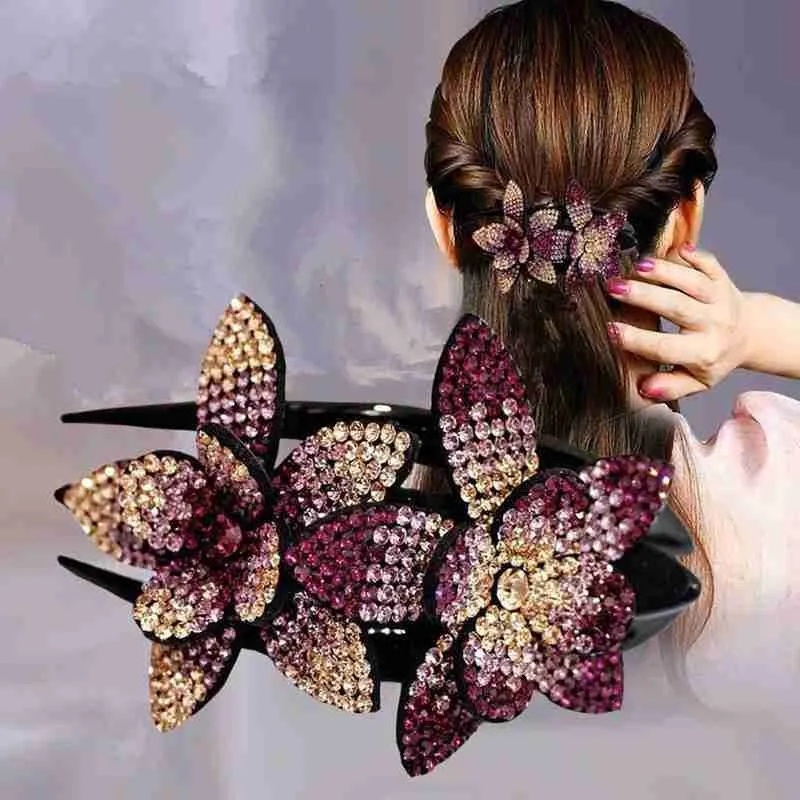 Rhinestone Double Flower Hair Clip Hair Crystal Hair Combs Female Elegant Beads Hairgrip Handmade Fashion Hair Accessories Tools