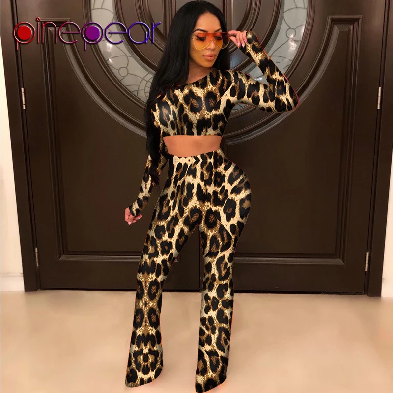 Brown Leopard Сетчатый топ с длинным рукавом и широкими штанами с принтом в виде ананаса; Женский комплект 2 шт. комплект из двух предметов; Прямая поставка - Цвет: Brown Leopard