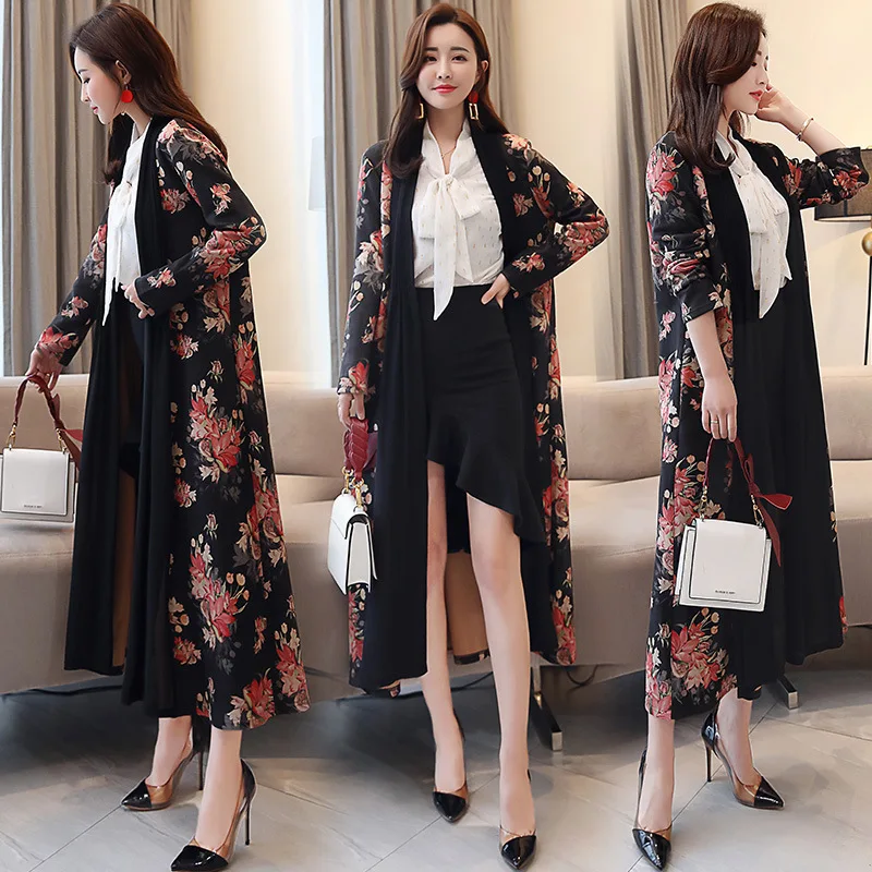 Spring And Autumn Korean-style Women's Elegant Plaid Stripes Printed Slimming over-the-Knee Long Trench Coat Elegant Large