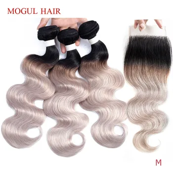 

MOGUL HAIR T 1B White Grey Ombre Human Hair 2/3 Bundles with Closure Brazilian Body Wave Hair Bundles Remy Hair Weave Extension
