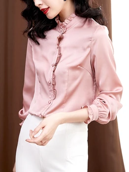 

9923 Solid Color Flounced Satin Shirt Women Long Sleeve 2020 Spring New Style Tops Versatile Real Silk Shirt