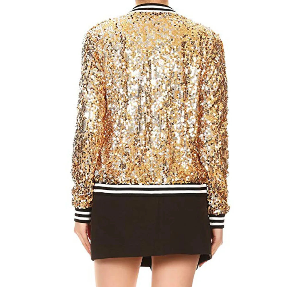 amazing  2019 Spring Autumn Women Sequin Bomber Jacket Long Sleeve Front Zip Jacket with Ribbed Cuffs Coats 