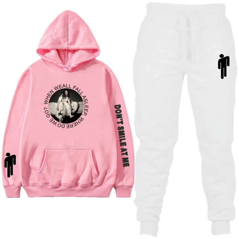 7Pink white Певица Билли эйлиш модный спортивный костюм с принтом женский осенне-зимний спортивный костюм мужской хип-хоп толстовка фитнес брюки костюм - Цвет: 7Pink white