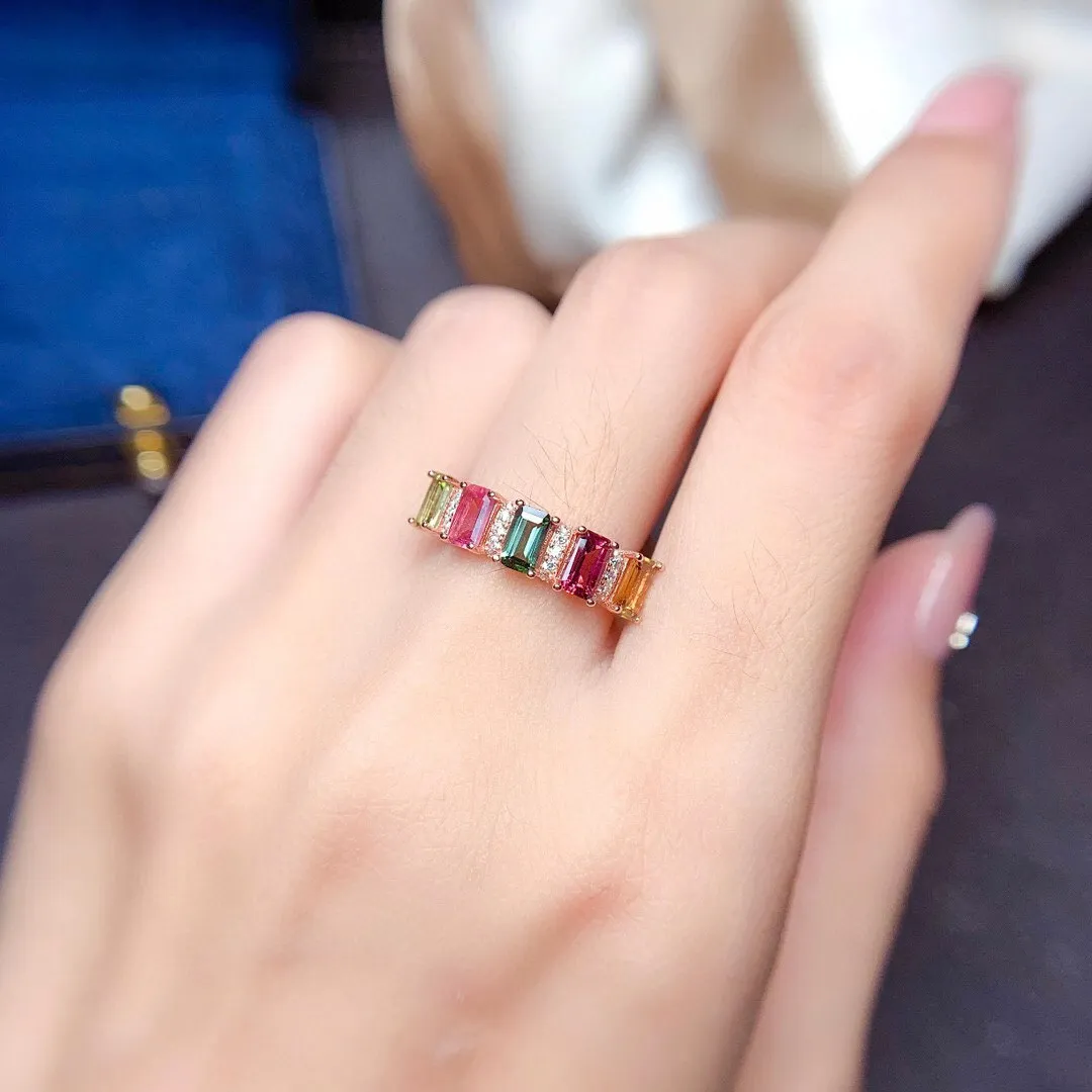 

100% Natural Multi-color Tourmaline Ring for Woman 3mm*5mm Natural Tourmaline Silver Ring 925 Silver Gemstone Jewelry