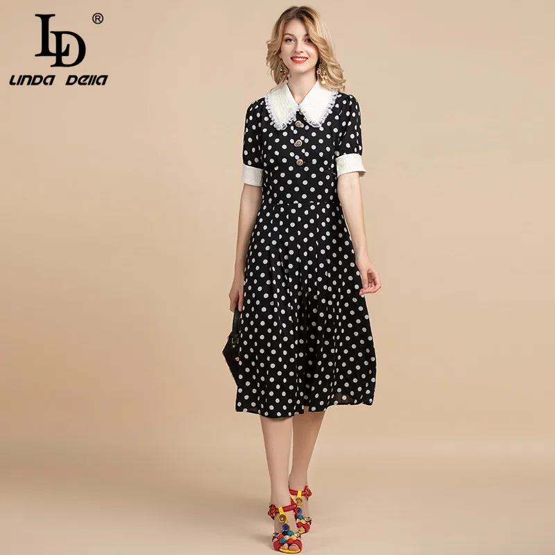 

LD LINDA DELLA Fashion Runway Summer Dress Women's Tassel Sequin Collar high waist Black Polka Dot Elegant Midi Vintage Dress