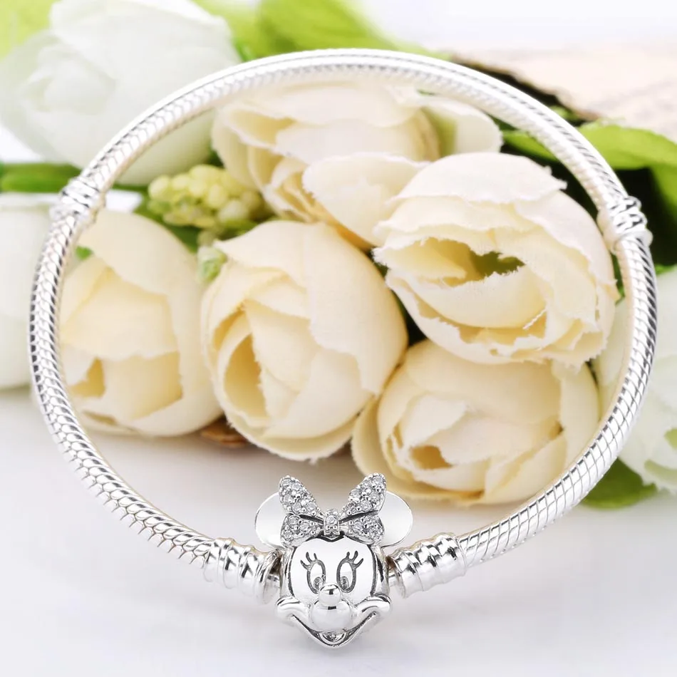 925 пробы серебряный браслет Минни Мерцающая портретная застежка змеиная цепочка браслет подходит для бисера Шарм DIY Европа ювелирные изделия